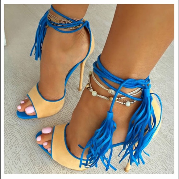 Shoes - Sexy Dark Navy & Yellow Tassel Suede Wrap Sandals